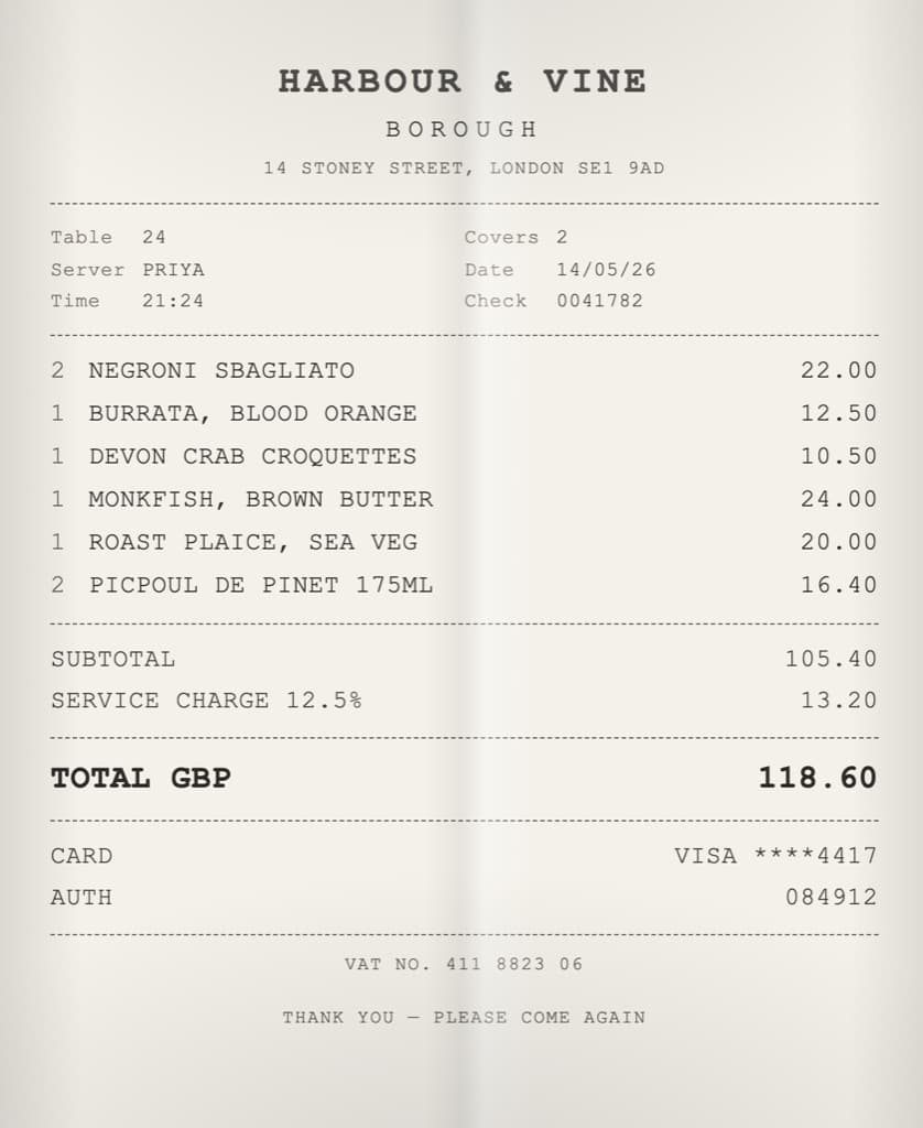 The bill from the Harbour & Vine visit, photographed at the table
